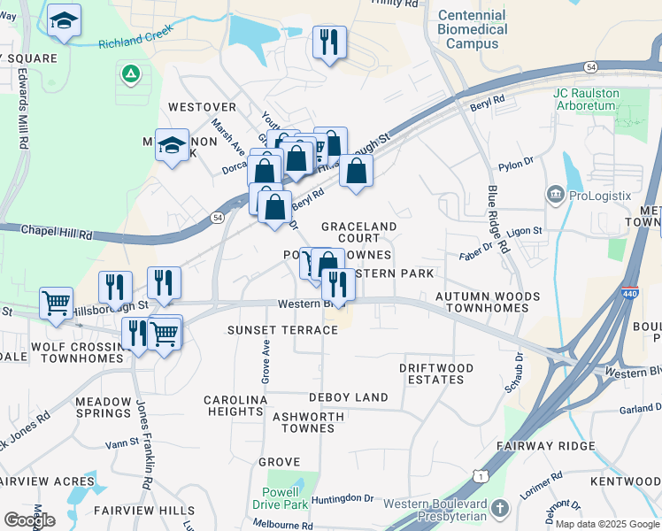 map of restaurants, bars, coffee shops, grocery stores, and more near 5121 Powell Townes Way in Raleigh