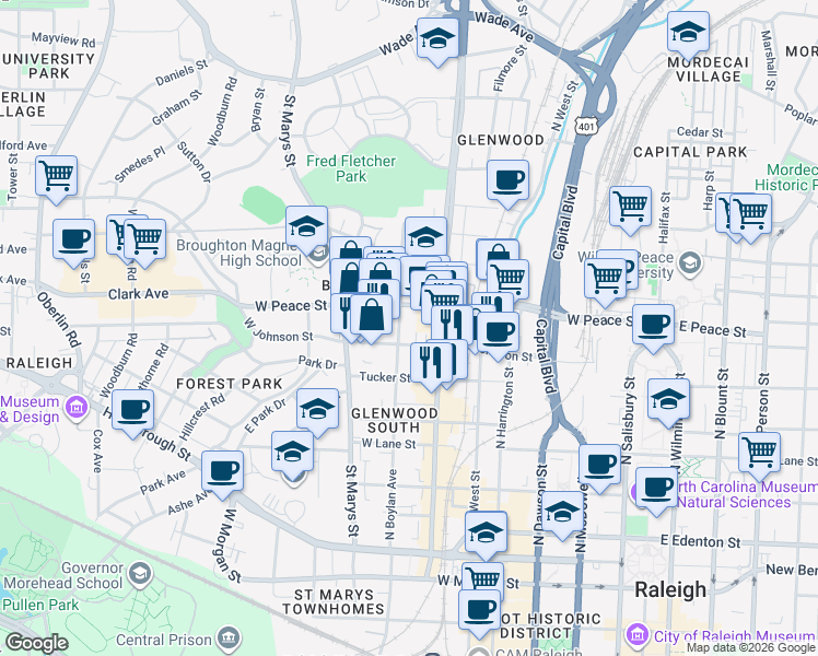 map of restaurants, bars, coffee shops, grocery stores, and more near in Raleigh