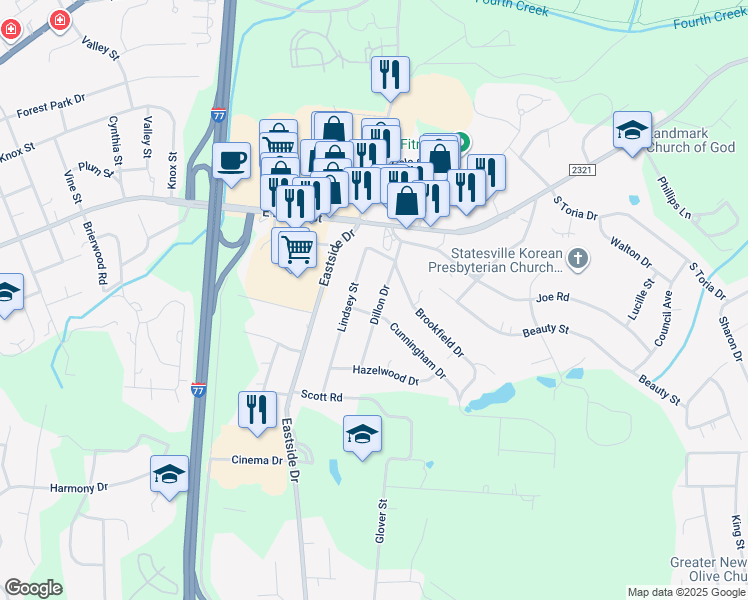 map of restaurants, bars, coffee shops, grocery stores, and more near 216 Dillon Drive in Statesville