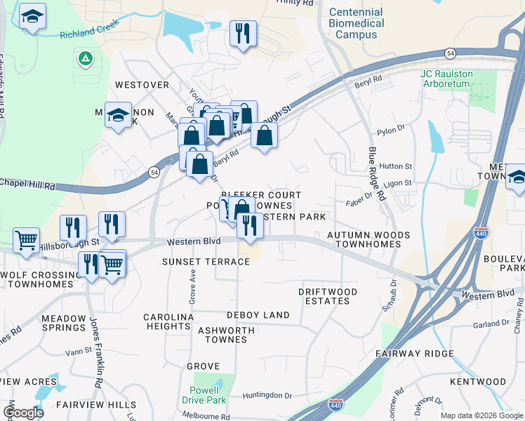 map of restaurants, bars, coffee shops, grocery stores, and more near 4407 Bleeker Court in Raleigh