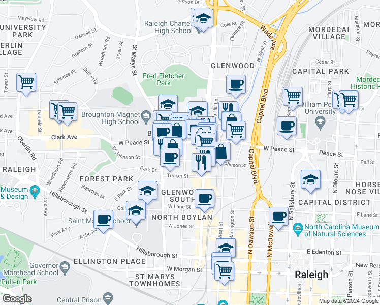 map of restaurants, bars, coffee shops, grocery stores, and more near in Raleigh
