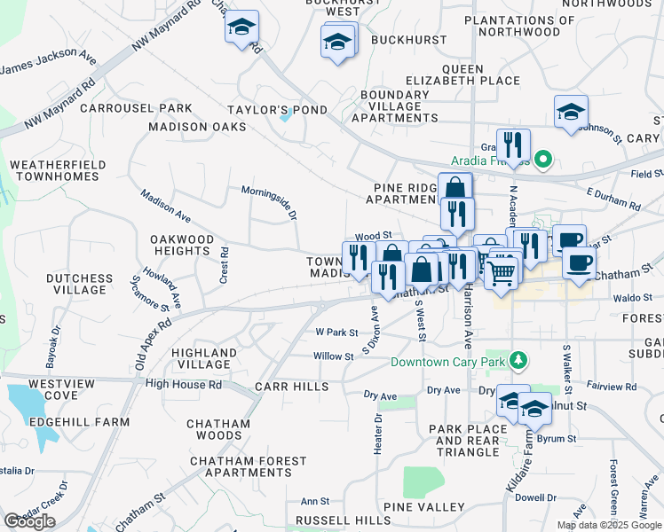map of restaurants, bars, coffee shops, grocery stores, and more near 134 Madison Square Ln in Cary