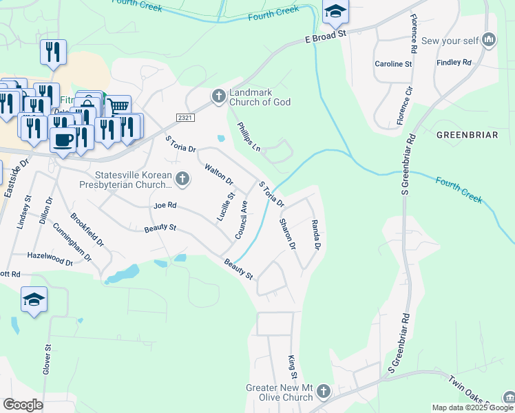 map of restaurants, bars, coffee shops, grocery stores, and more near 1918 Council Ave in Statesville