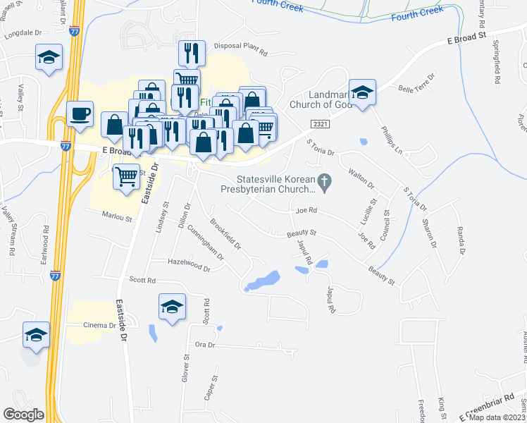map of restaurants, bars, coffee shops, grocery stores, and more near 1916 Joe Road in Statesville