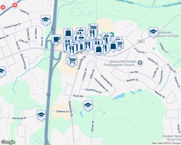map of restaurants, bars, coffee shops, grocery stores, and more near 216 Dillon Drive in Statesville