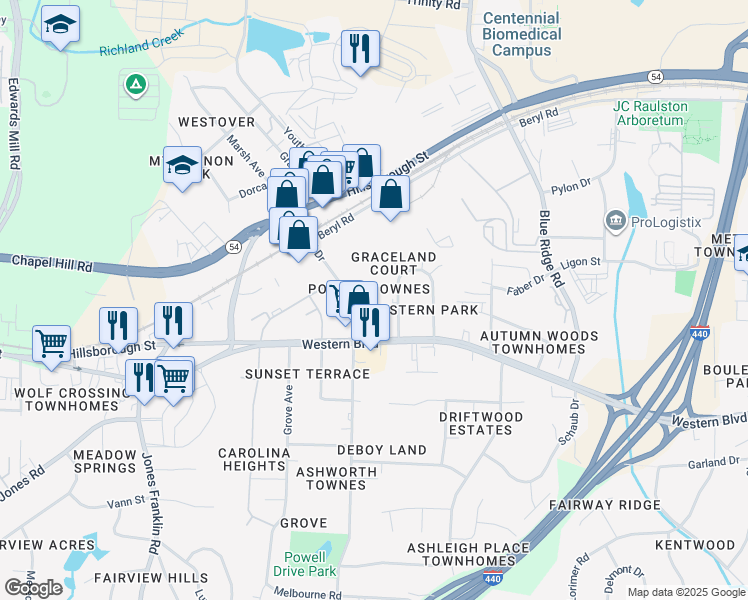 map of restaurants, bars, coffee shops, grocery stores, and more near 5130 Powell Townes Way in Raleigh