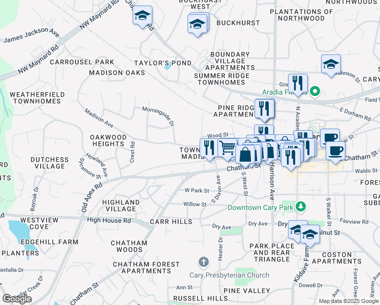 map of restaurants, bars, coffee shops, grocery stores, and more near 144 Madison Square Lane in Cary