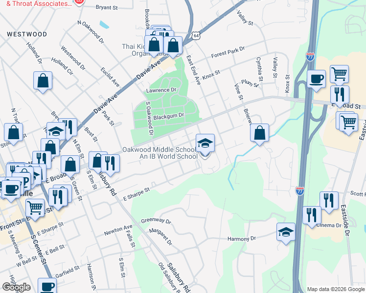 map of restaurants, bars, coffee shops, grocery stores, and more near 815 Wood Street in Statesville
