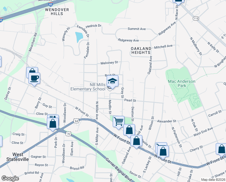 map of restaurants, bars, coffee shops, grocery stores, and more near 1410 Pearl Street in Statesville