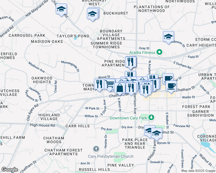 map of restaurants, bars, coffee shops, grocery stores, and more near 312 Holloway Street in Cary