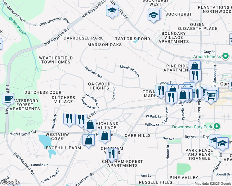 map of restaurants, bars, coffee shops, grocery stores, and more near 208 Crest Road in Cary