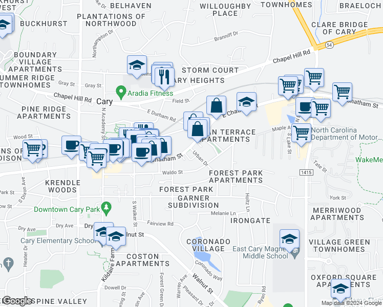 map of restaurants, bars, coffee shops, grocery stores, and more near 105 Chatham Walk Lane in Cary