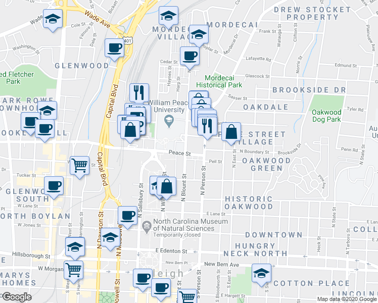 map of restaurants, bars, coffee shops, grocery stores, and more near 616 North Blount Street in Raleigh