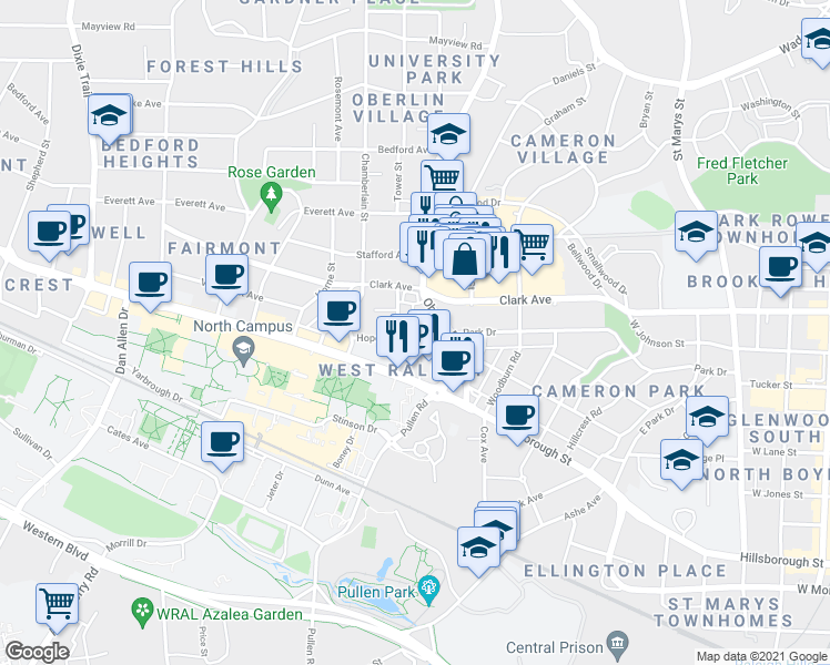 map of restaurants, bars, coffee shops, grocery stores, and more near 307 Oberlin Road in Raleigh