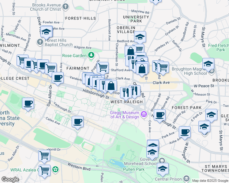 map of restaurants, bars, coffee shops, grocery stores, and more near 119 Chamberlain Street in Raleigh