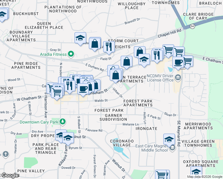 map of restaurants, bars, coffee shops, grocery stores, and more near 401 East Chatham Street in Cary