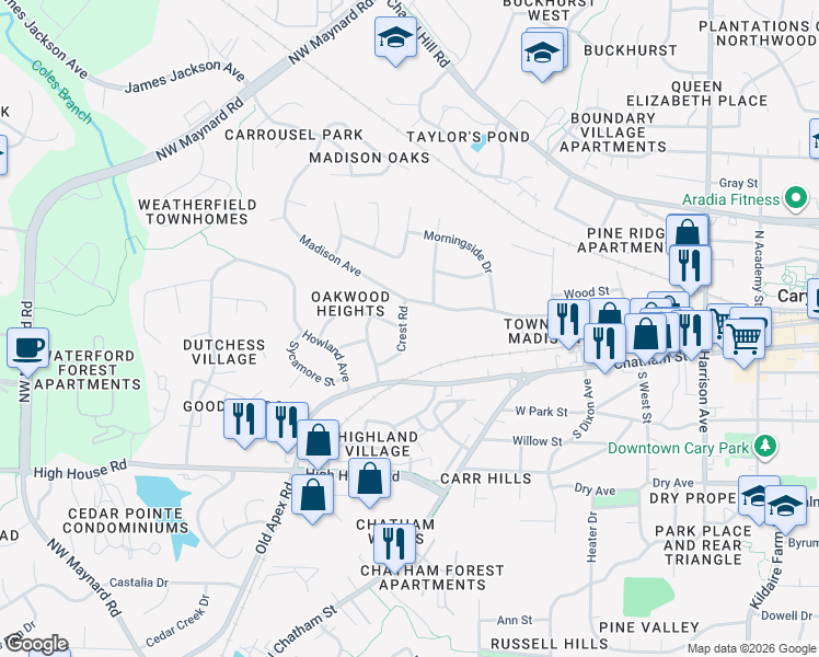 map of restaurants, bars, coffee shops, grocery stores, and more near 208 Crest Road in Cary