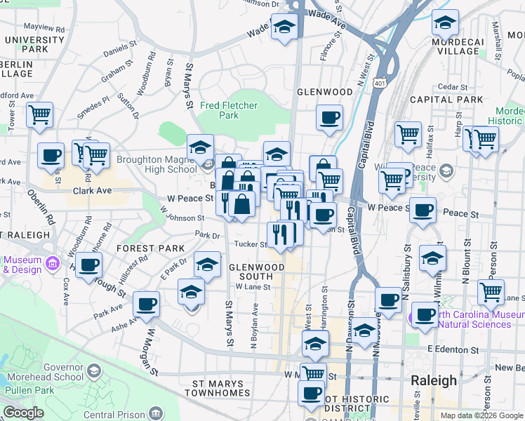 map of restaurants, bars, coffee shops, grocery stores, and more near 618 North Boylan Avenue in Raleigh