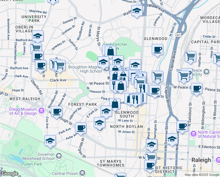 map of restaurants, bars, coffee shops, grocery stores, and more near 613 Saint Marys Street in Raleigh