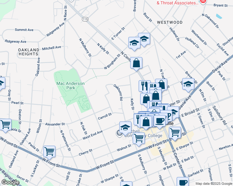 map of restaurants, bars, coffee shops, grocery stores, and more near 313 Oakhurst Road in Statesville