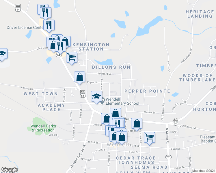 map of restaurants, bars, coffee shops, grocery stores, and more near 531 North Cypress Street in Wendell