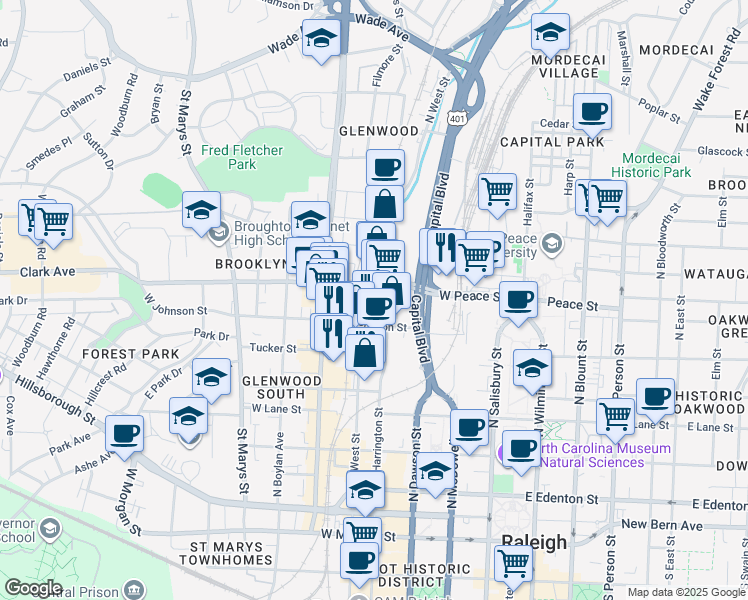 map of restaurants, bars, coffee shops, grocery stores, and more near 417 West Peace Street in Raleigh