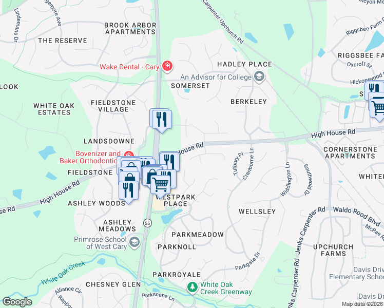 map of restaurants, bars, coffee shops, grocery stores, and more near 224 Birdsgrove Court in Cary