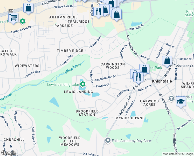 map of restaurants, bars, coffee shops, grocery stores, and more near 506 Southampton Drive in Knightdale