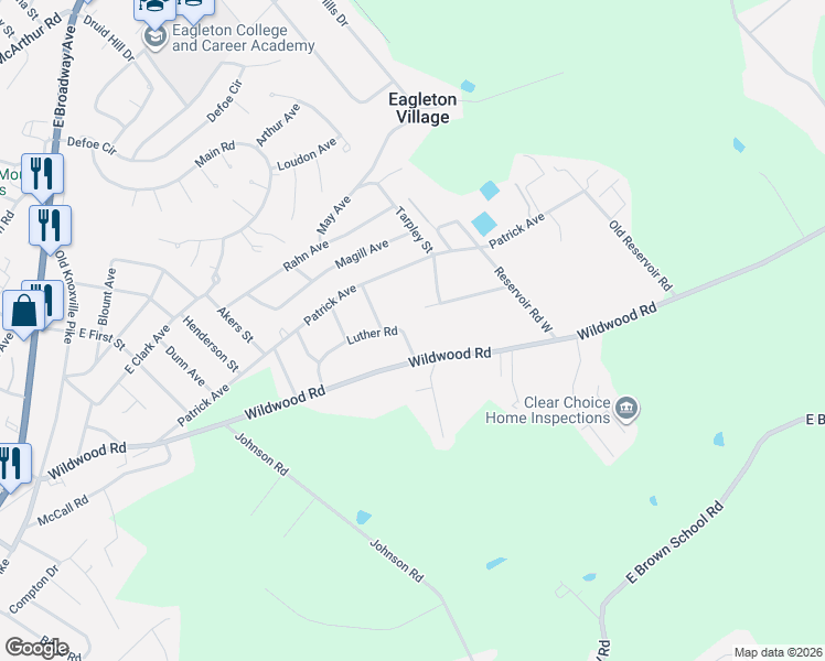 map of restaurants, bars, coffee shops, grocery stores, and more near 2735 Luther Road in Maryville