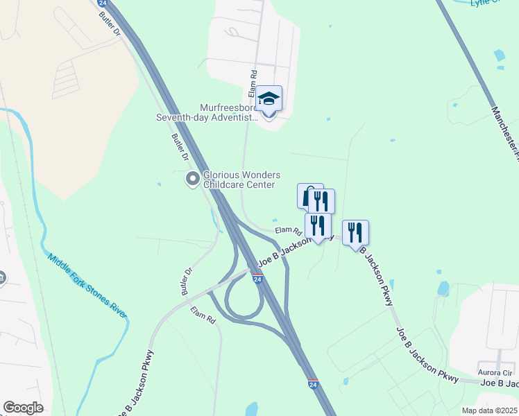 map of restaurants, bars, coffee shops, grocery stores, and more near 3039 Elam Road in Murfreesboro