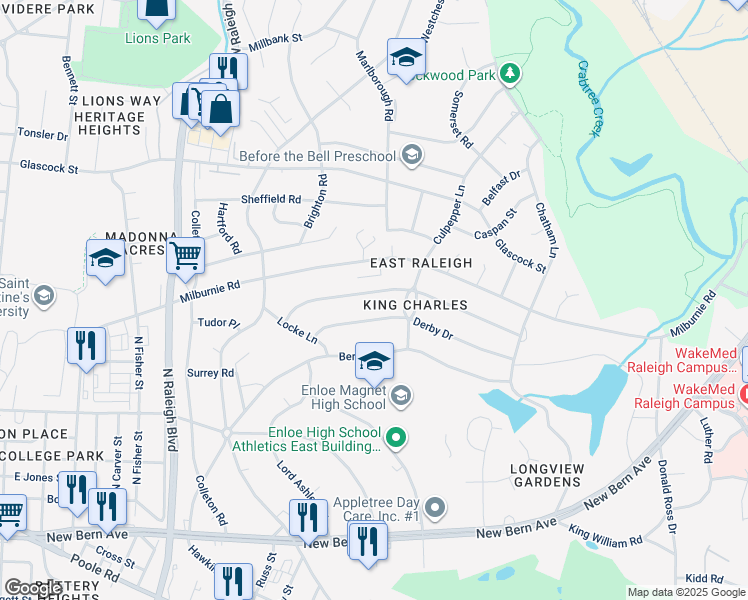 map of restaurants, bars, coffee shops, grocery stores, and more near 2364 Stevens Road in Raleigh