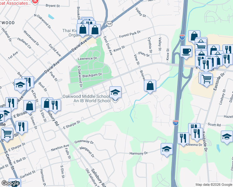 map of restaurants, bars, coffee shops, grocery stores, and more near 136 East End Avenue in Statesville