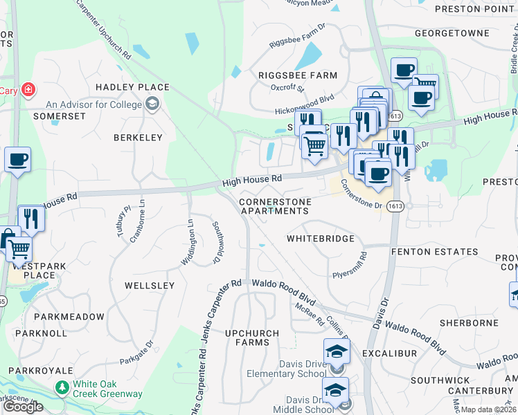 map of restaurants, bars, coffee shops, grocery stores, and more near 1000 Terrastone Place in Cary