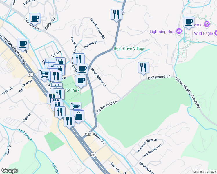 map of restaurants, bars, coffee shops, grocery stores, and more near 3517 Householder Street in Pigeon Forge