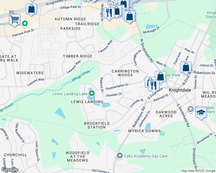 map of restaurants, bars, coffee shops, grocery stores, and more near 506 Southampton Drive in Knightdale