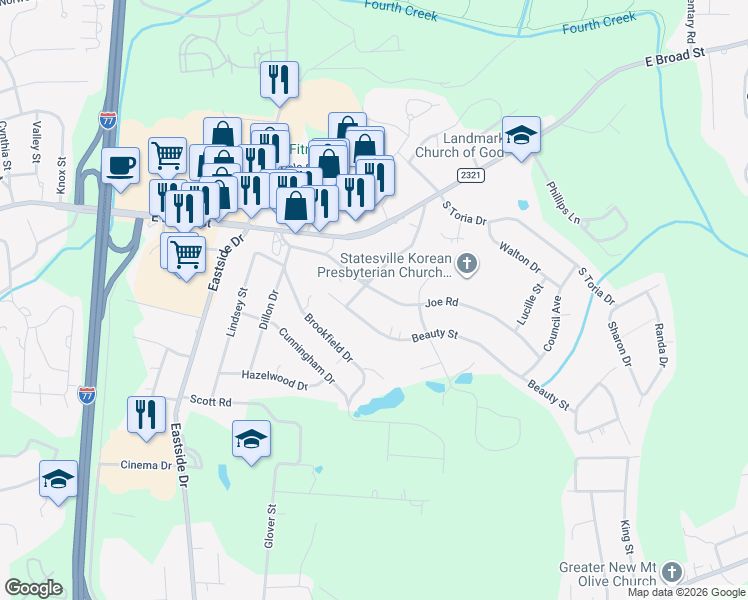 map of restaurants, bars, coffee shops, grocery stores, and more near 304 Safriet Road in Statesville