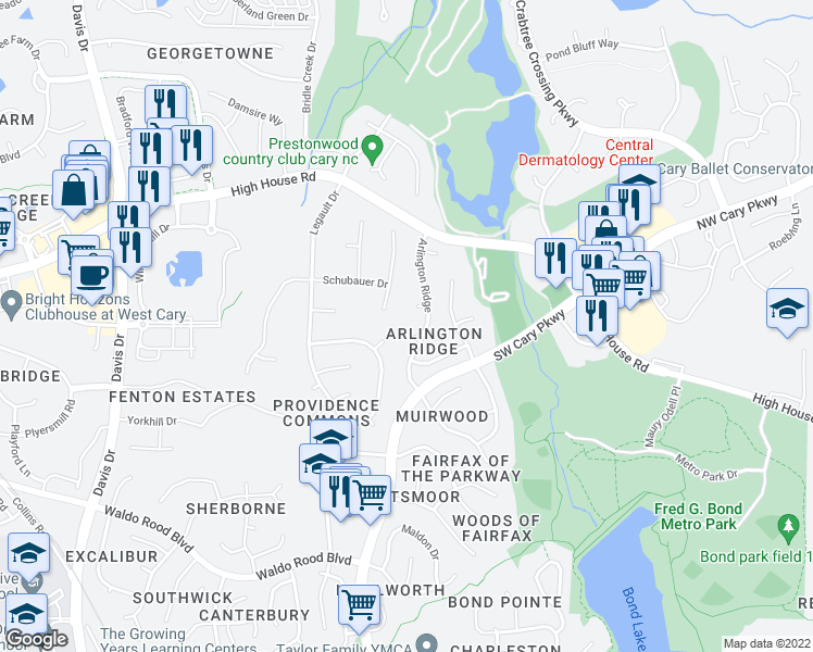 map of restaurants, bars, coffee shops, grocery stores, and more near 104 Biscayne Circle in Cary
