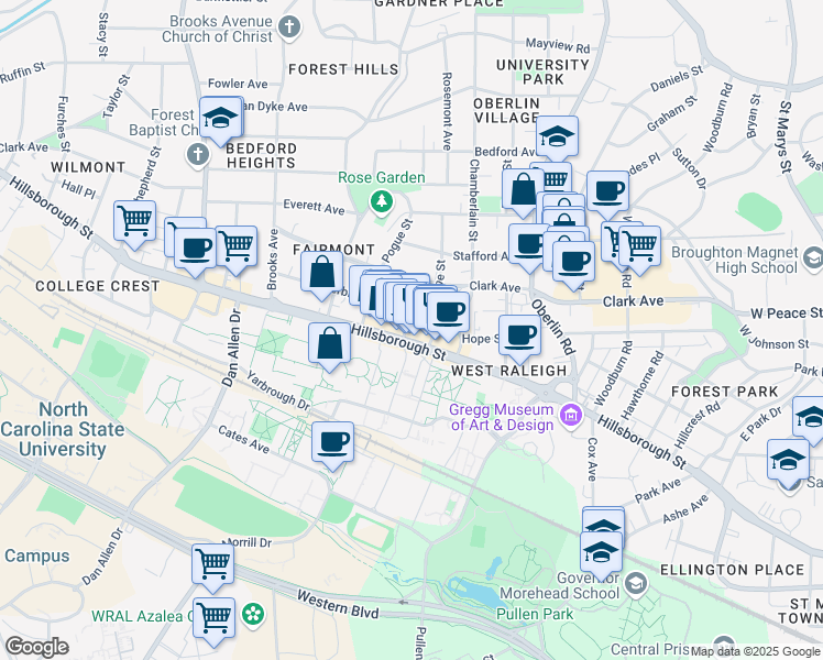 map of restaurants, bars, coffee shops, grocery stores, and more near 18 Horne Street in Raleigh