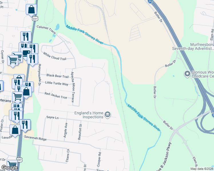 map of restaurants, bars, coffee shops, grocery stores, and more near 2703 American Horse Trail in Murfreesboro