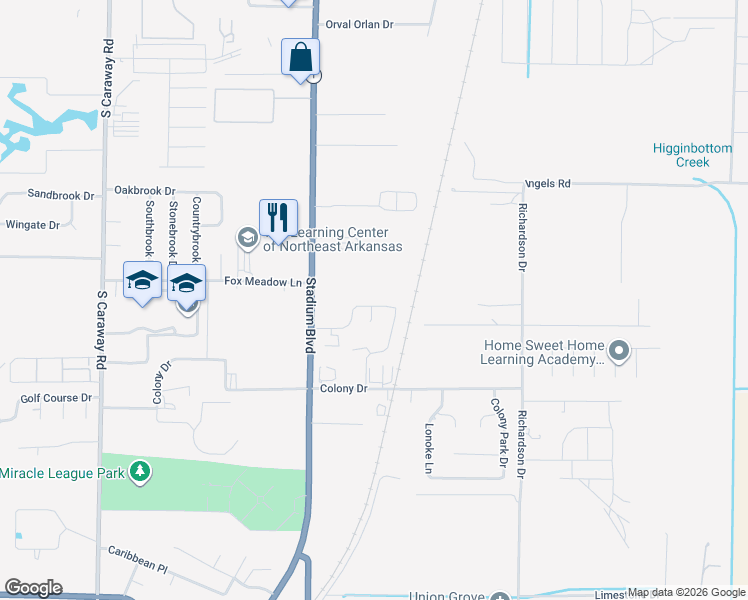 map of restaurants, bars, coffee shops, grocery stores, and more near 4500 Stadium Boulevard in Jonesboro