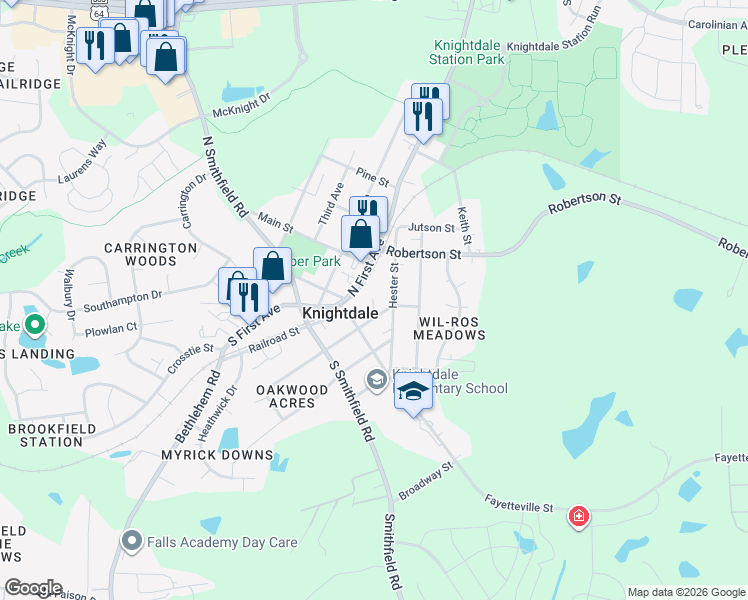 map of restaurants, bars, coffee shops, grocery stores, and more near 327 Hester Street in Knightdale