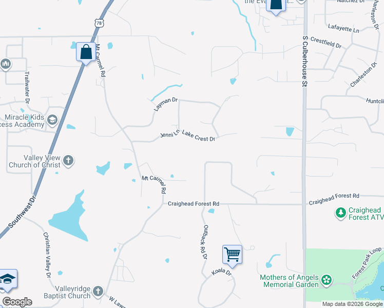 map of restaurants, bars, coffee shops, grocery stores, and more near 1017 Wood Crest Drive in Jonesboro