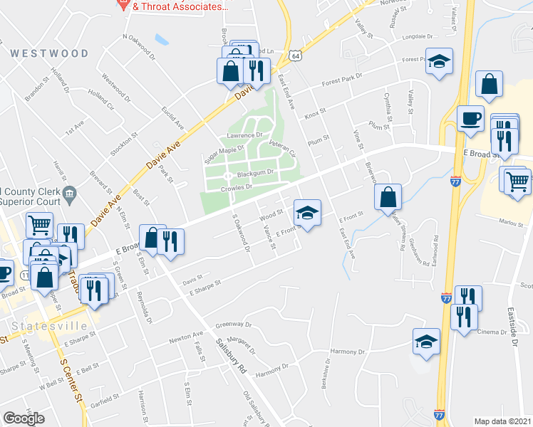 map of restaurants, bars, coffee shops, grocery stores, and more near 803 Wood Street in Statesville