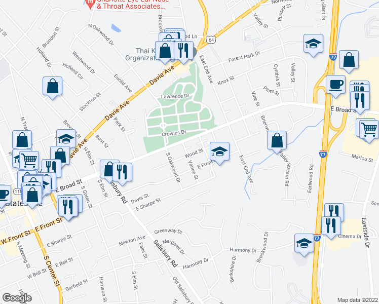 map of restaurants, bars, coffee shops, grocery stores, and more near 801 Wood Street in Statesville