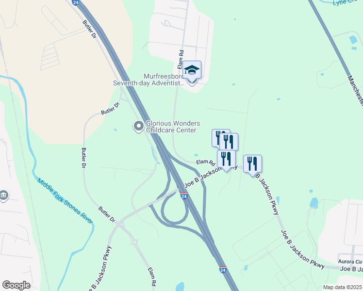 map of restaurants, bars, coffee shops, grocery stores, and more near 2945 Elam Road in Murfreesboro