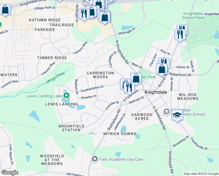 map of restaurants, bars, coffee shops, grocery stores, and more near 211 Southampton Drive in Knightdale