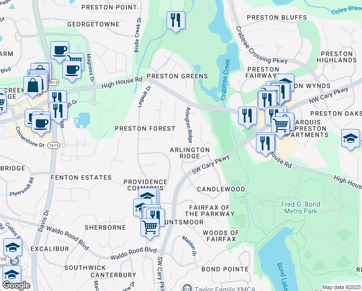 map of restaurants, bars, coffee shops, grocery stores, and more near 104 Biscayne Circle in Cary