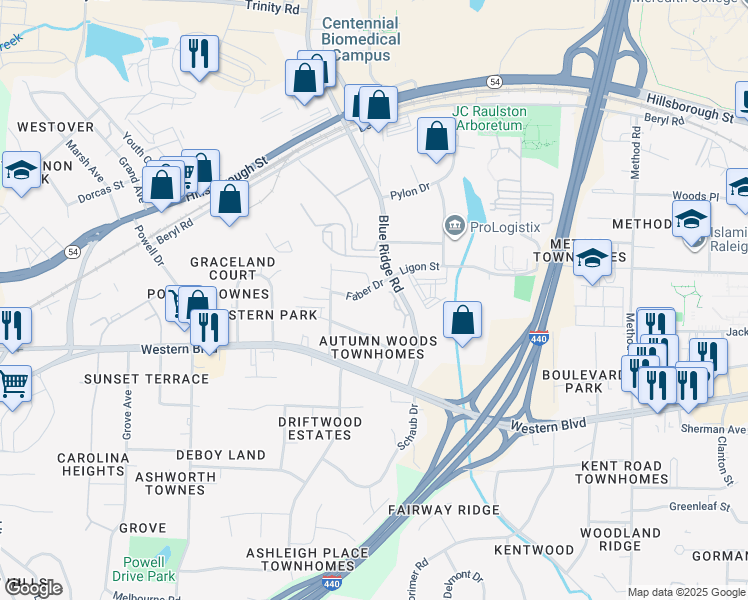 map of restaurants, bars, coffee shops, grocery stores, and more near 4905 Faber Drive in Raleigh