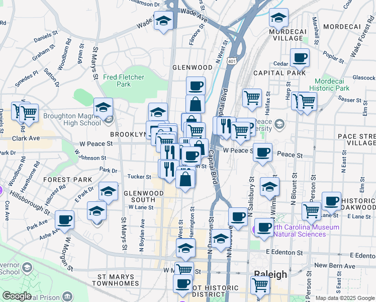 map of restaurants, bars, coffee shops, grocery stores, and more near in Raleigh