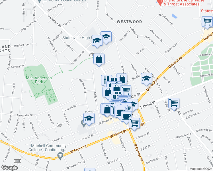 map of restaurants, bars, coffee shops, grocery stores, and more near 307 North Center Street in Statesville